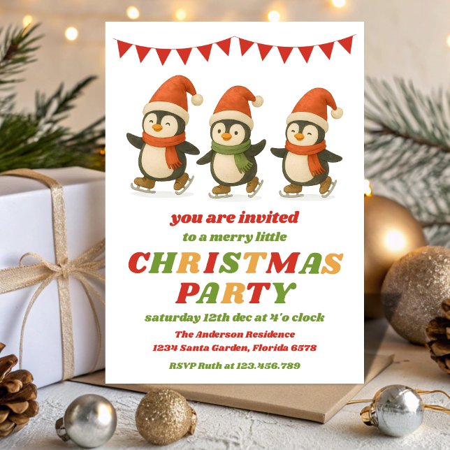 Retro Penguins Editable Christmas Party Invitation (Creator Uploaded)