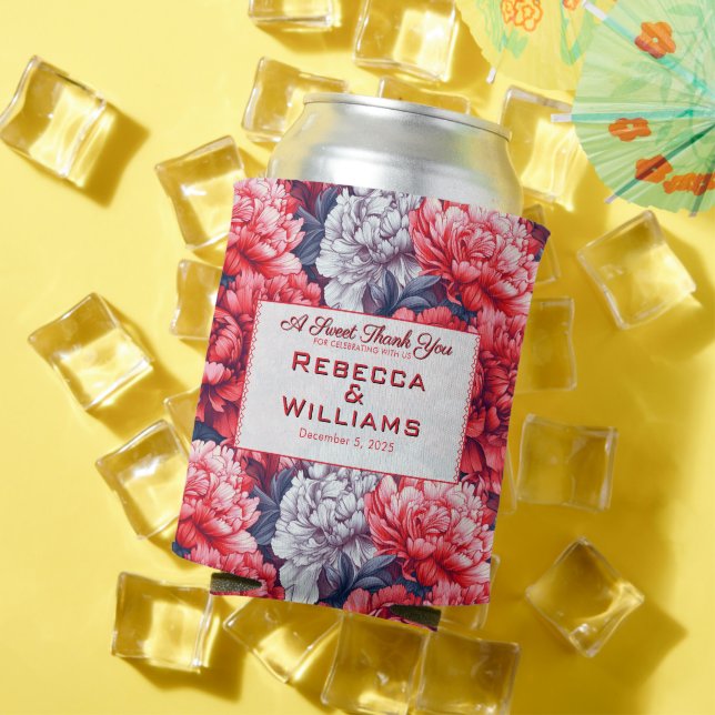 Retro Peonies Petal Backyard Wedding Can Cooler (In Situ Summer)