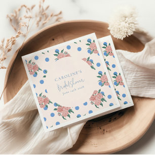 Retro Peony Floral Blue Dots Bridal Shower Custom Napkin