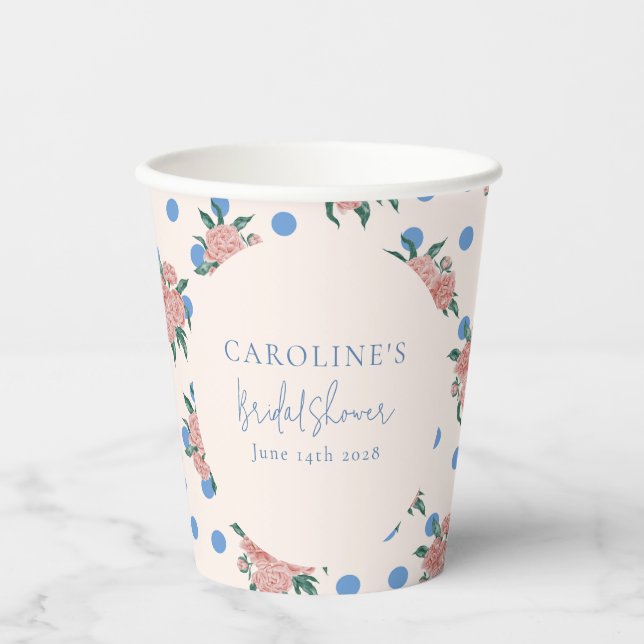 Retro Peony Floral Blue Dots Bridal Shower Custom Paper Cups (Front)