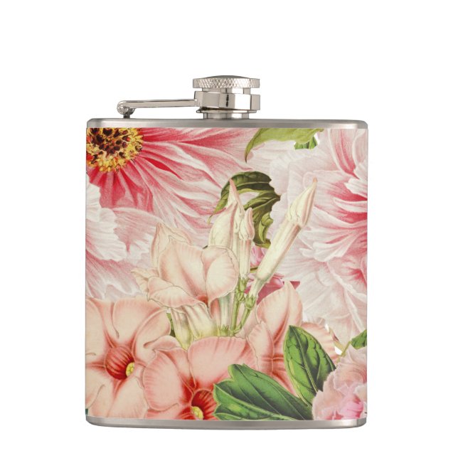 Retro Peony Flower Spring Floral Pattern Hip Flask (Front)