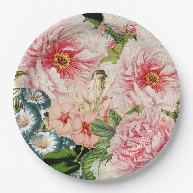 Retro Peony Flower Spring Floral Pattern Paper Plate (Front)
