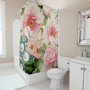 Retro Peony Flower Spring Floral Pattern Shower Curtain