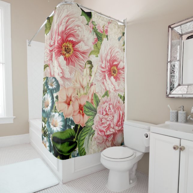 Retro Peony Flower Spring Floral Pattern Shower Curtain (In Situ)