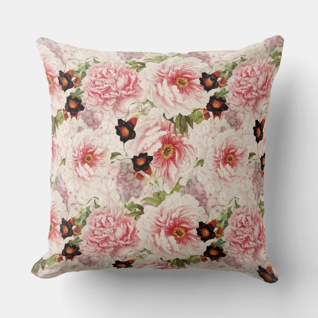 Retro Peony Flower Spring painterly Pattern Cushion (Front)