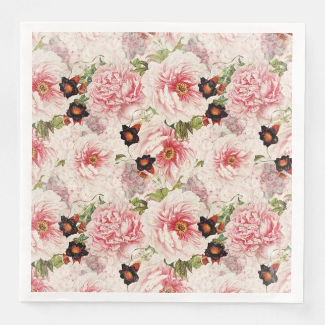 Retro Peony Flower Spring painterly Pattern Napkin (Front)
