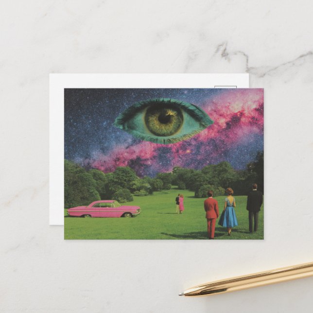 Retro People and Pink Car with Eye in Sky Surreal Postcard (Front/Back In Situ)