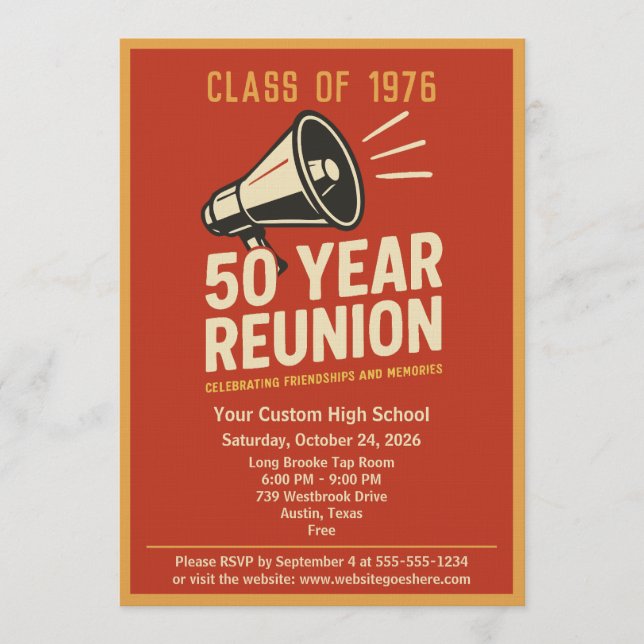 Retro Pep Rally Style 50 Year Class Reunion Invitation (Front)