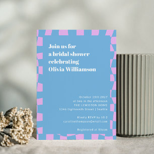 Retro Periwinkle Chequerboard Cute Bridal Shower Invitation