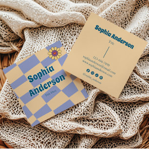 Retro Periwinkle Chequerboard with Daisy Flower Square Business Card