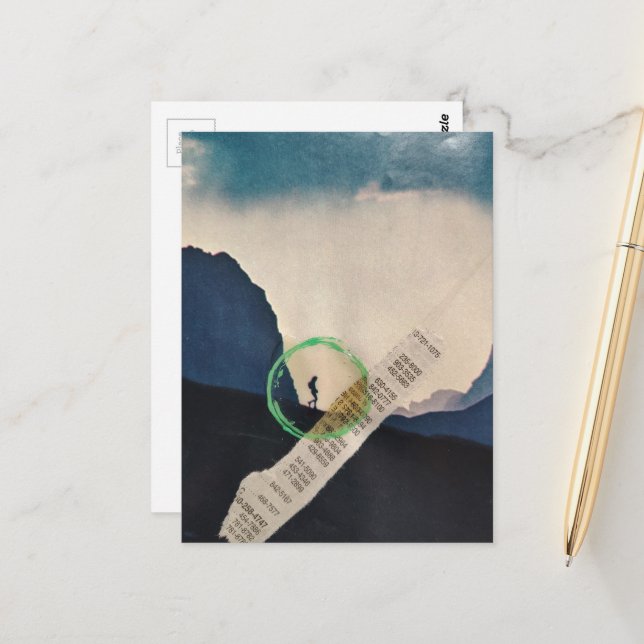 Retro Person Hiking in Mountains Collage Postcard (Front/Back In Situ)