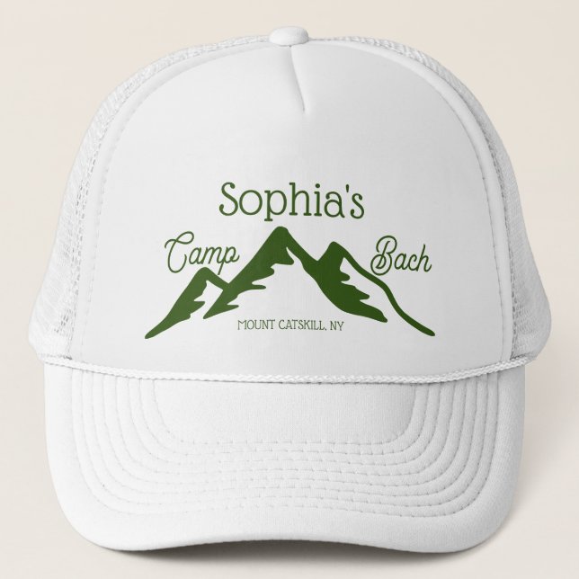 Retro Personalised Camp Bach Mountains Green  Trucker Hat (Front)