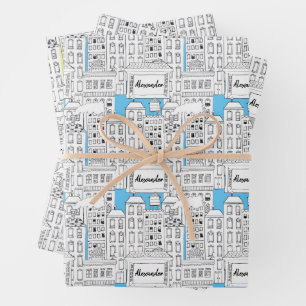 Retro Personalised City Buildings Cute Hand-Drawn Wrapping Paper Sheet