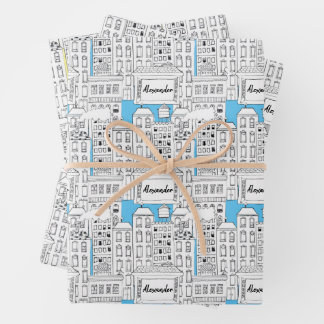 Retro Personalised City Buildings Cute Hand-Drawn Wrapping Paper Sheet