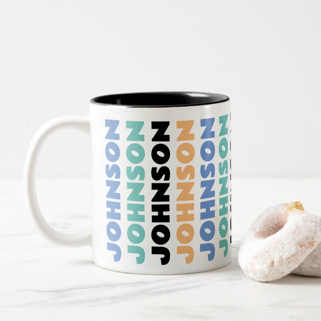 Retro Personalised Family Name Two-Tone Coffee Mug (With Donut)