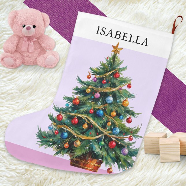 Retro Personalised Festive Xmas Tree Large Christmas Stocking (A pretty pink Christmas stocking, with picture of a decorated tree, to personalize with a name)
