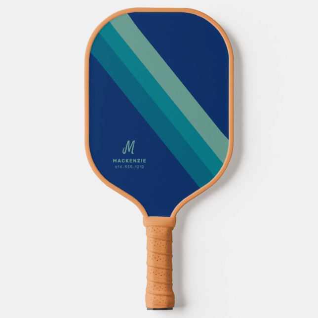 Retro Personalised Name Blue Teal Stripe Pickleball Paddle (Front)