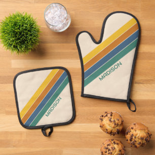 Retro Personalised Name Oven Mitt & Pot Holder Set