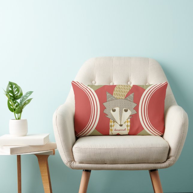 Retro Personalised Orange Red Olive Fox Pillow (Chair)