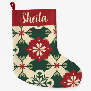 Retro Personalised Red and Green Plaid  Large Christmas Stocking