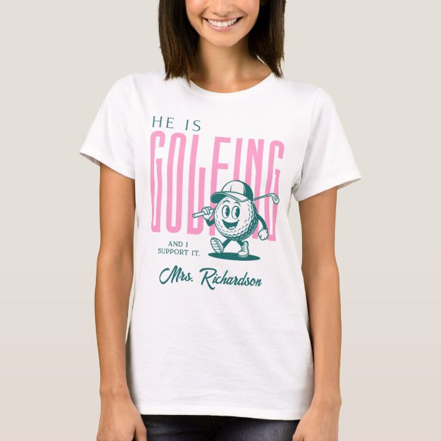 Retro Personalised Script Mrs Pink Funny Golf Wife T-Shirt (Front)