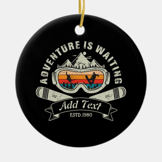 Retro Personalised Ski Adventure Ceramic Ornament (Front)
