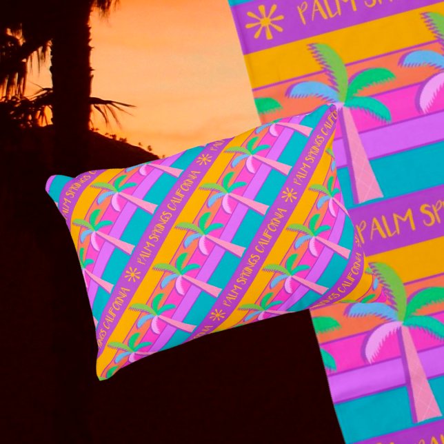 Retro Personalised Sunset Tropical Palms Decorative Cushion (Perfect accent pillow with the pool towel on the chaise lounge)