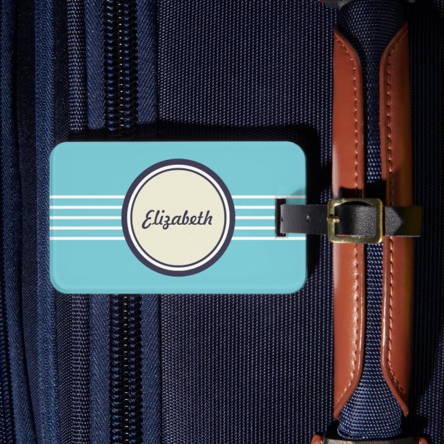 Retro Personalised Teal and Blue Luggage Tag (Front Insitu 4)