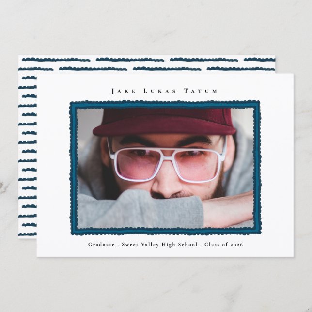 Retro Photo Blue Frame Graduation High School Announcement (Front/Back)