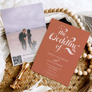 Retro photo boho terracotta script wedding Qr code Invitation