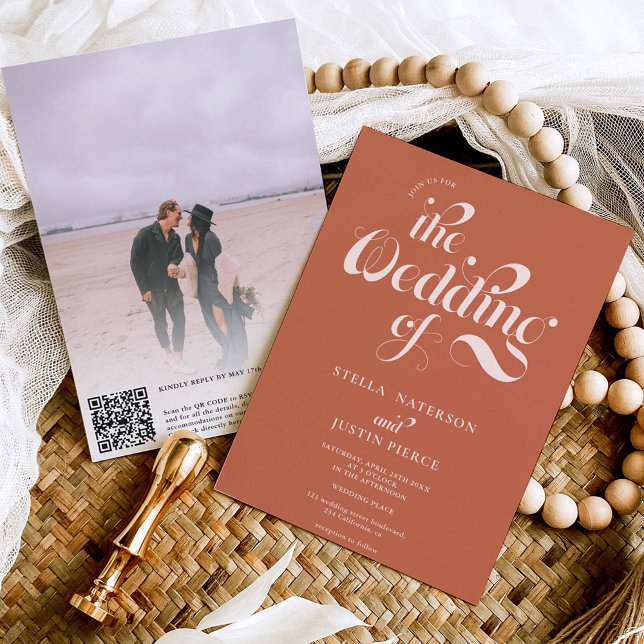 Retro photo boho terracotta script wedding Qr code Invitation (Creator Uploaded)