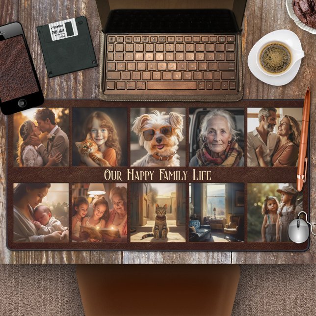 Retro Photo Collage Faux Leather Desk Mat (Desk mat featuring 10 of your own photos framed by a brown retro faux leather design.)