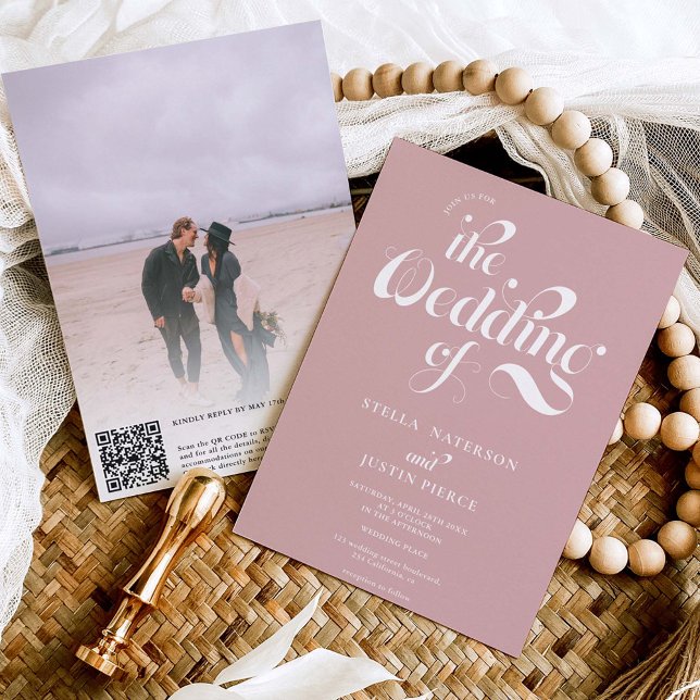 Retro photo dusty rose script wedding Qr code Invitation (Creator Uploaded)