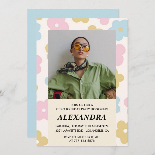 Retro Photo Floral Pattern 37th birthday Invitation (Front/Back)