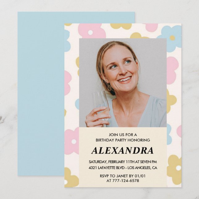 Retro Photo Floral Pattern 68th birthday Invitation (Front/Back)