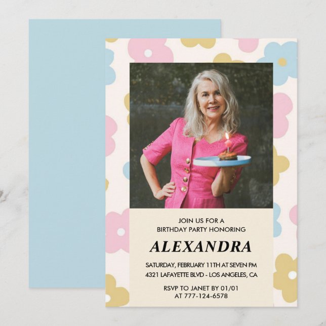 Retro Photo Floral Pattern 87th birthday Invitation (Front/Back)