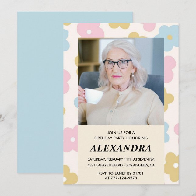 Retro Photo Floral Pattern 99th birthday Invitation (Front/Back)