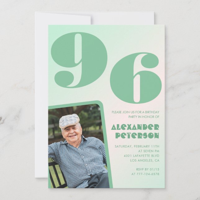 Retro Photo Green Gradient Man 96th birthday  Invitation (Front)