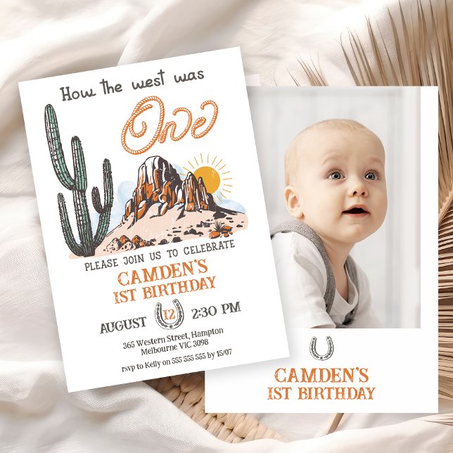 Retro Photo How The West Was One 1st Birthday Invitation (How The West Was One Birthday Invitation Photo, Boy  Wild West 1st Birthday Invite, Western Themed)