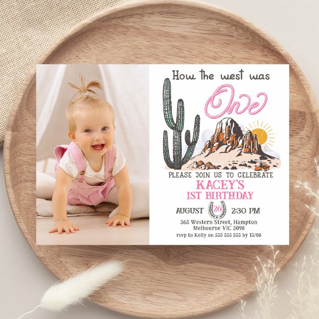 Retro Photo How The West Was One 1st Birthday Invitation (Girls Photo How the West Was One 1st Birthday Invitation, Baby Girl First Birthday Invite, Wild West)