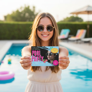 Retro photo Pool Party Birthday QR Code RSVP Invitation