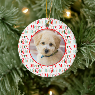 Retro Photo Red Pink Christmas Merry and Bright Ceramic Ornament