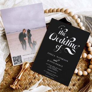 Retro photo white black script wedding Qr code Invitation