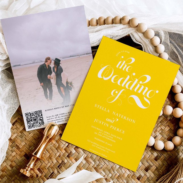 Retro photo yellow script wedding Qr code Invitation (Creator Uploaded)