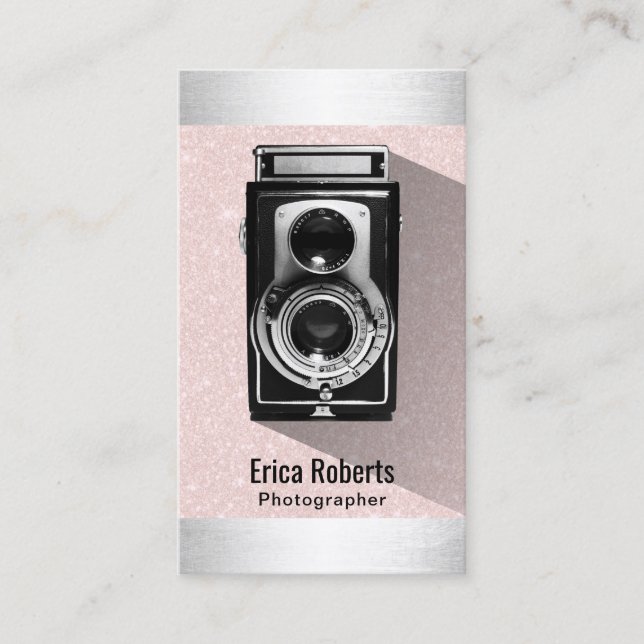 Retro Photographer Camera Blush Pink Photography Business Card (Front)
