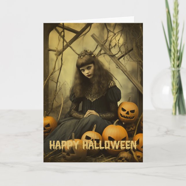 Retro Photography Halloween cute bad witch girl Holiday Card (Front)
