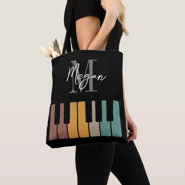Retro Piano Monogram Name Personalised black Tote Bag (Close Up)