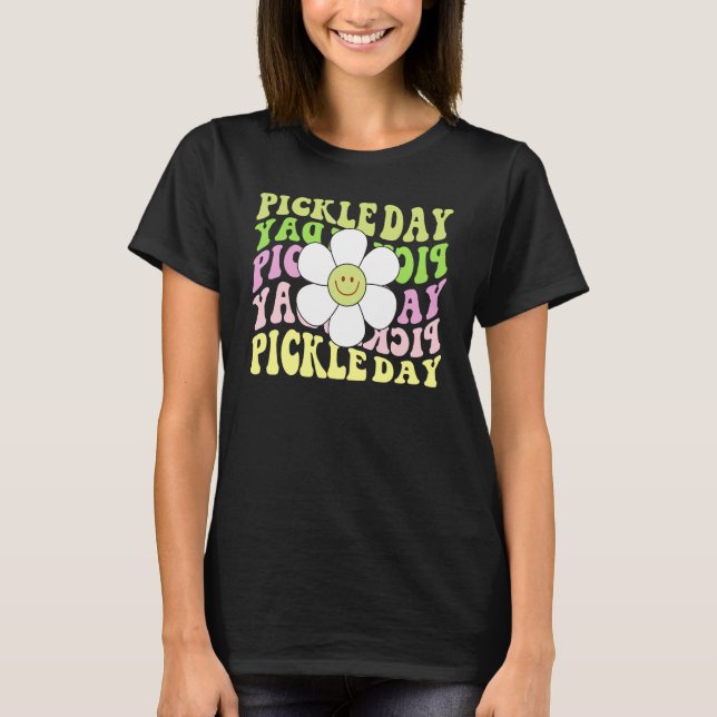 Retro Pickle Day Happy Face Flower Groovy Food T-Shirt (Front)