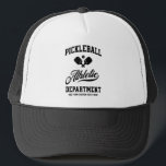 Retro Pickleball Athletic Department Custom Trucker Hat<br><div class="desc">Fun pickleball hat featuring crossed pickleball paddles,  ball and retro typography.  Add your custom text to personalise - team name,  club name,  town,  city,  tournament name,  etc. Makes playing pickleball even more fun.</div>