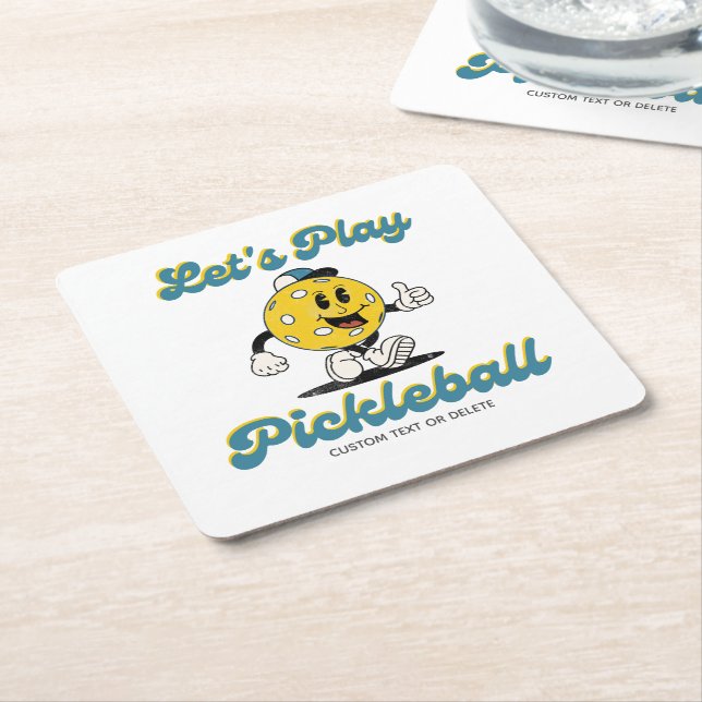 Retro Pickleball Cartoon Mascot Personalised Text Square Paper Coaster (Angled)